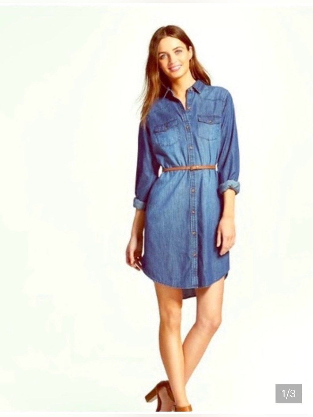 Merona Blue Long-Sleeve Denim Shirt Dress with Brown Belt perfect for Fall